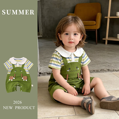 Cute Cartoon Dinosaur Striped Baby Romper Onesie