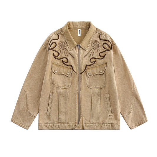 Khaki Celestial Sun Embroidered Denim Jacket