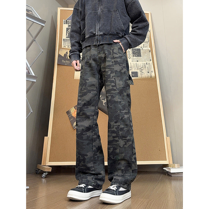 Dark Charcoal Camo Wide-Leg Utility Trousers