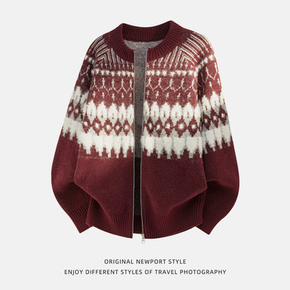 Vintage Fair Isle Full-Zip Knit Cardigan Jacket