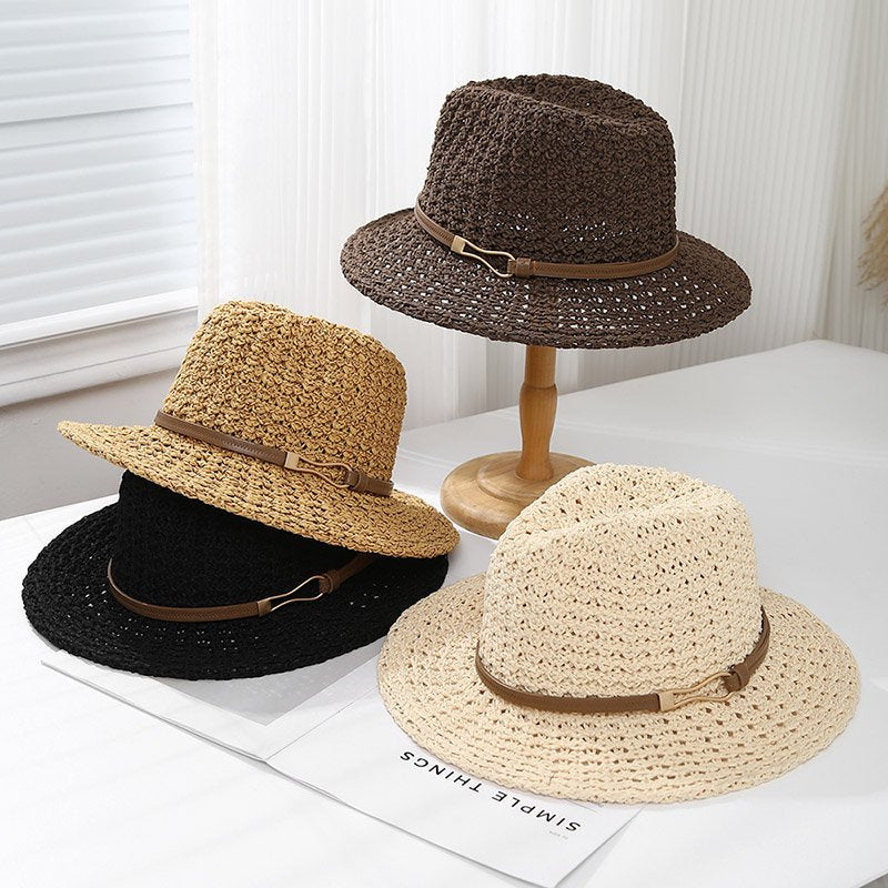 Hand-Woven Straw Fedora Sun Hat with Leatherette Band