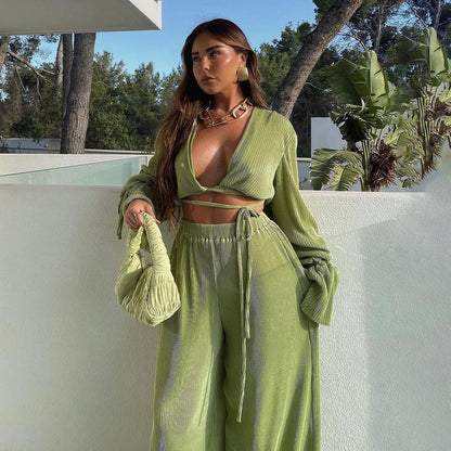 Pleated Tie-Wrap Crop Top & High-Waist Wide-Leg Pants Set