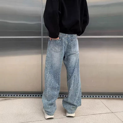 Vintage Paint-Splatter Wide-Leg Denim Jeans