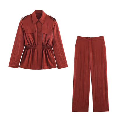 Rust Terracotta Cinched-Waist Utility Jacket & Wide-Leg Pants Set