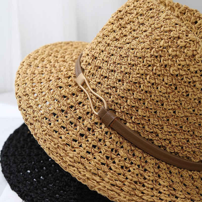 Hand-Woven Straw Fedora Sun Hat with Leatherette Band