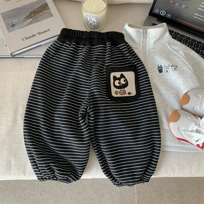 Cartoon Cat Patchwork Striped Knit Joggers