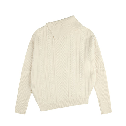 Asymmetric Fold-Collar Cable Knit Sweater
