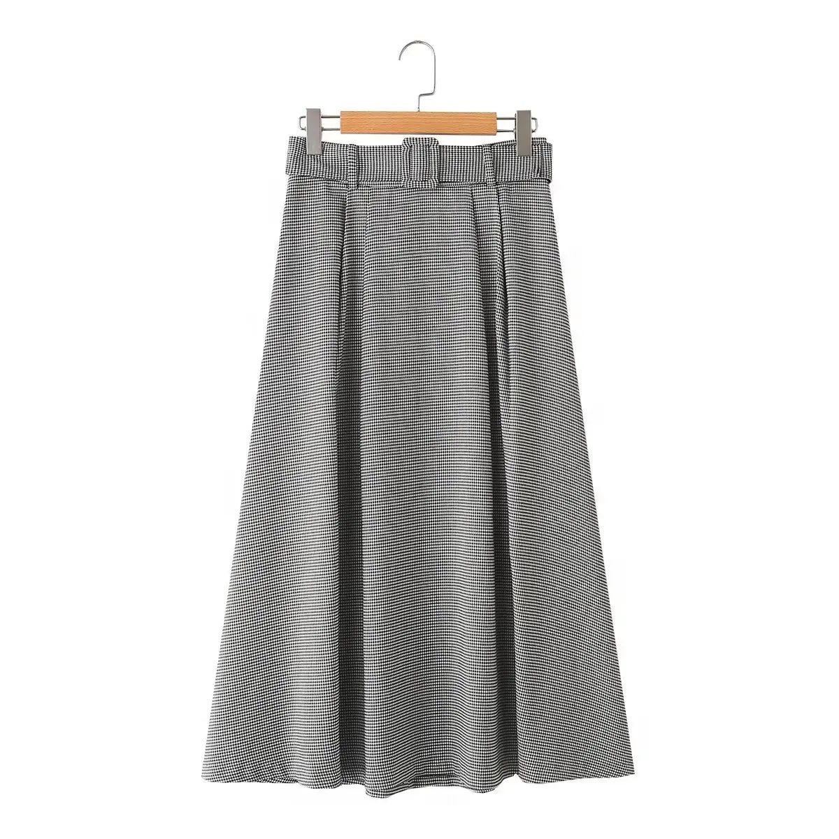 Houndstooth Mock-Neck Blouse & A-Line Belted Skirt Set