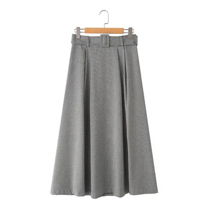 Houndstooth Mock-Neck Blouse & A-Line Belted Skirt Set