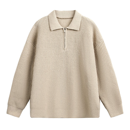Minimalist Ribbed Lapel Quarter-Zip Sweater