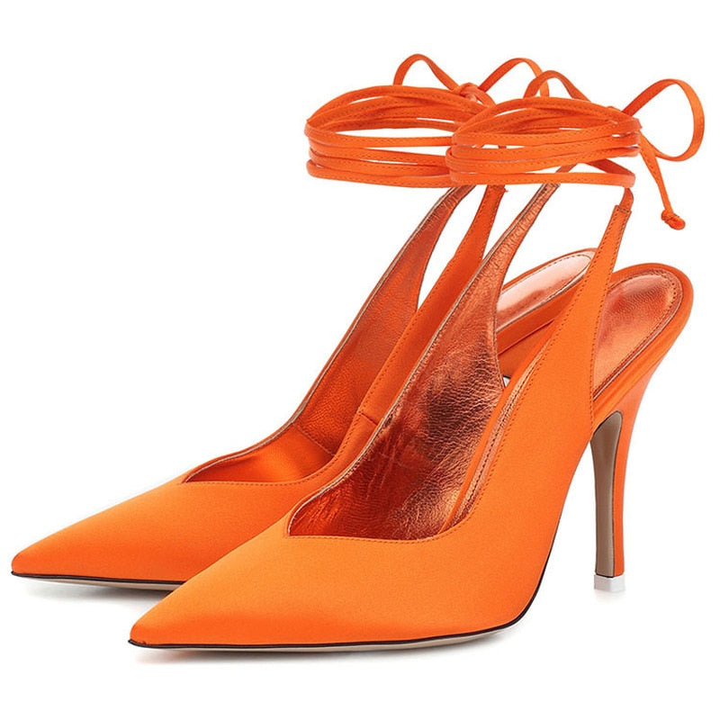 Silk Pointed-Toe Ankle Lace-Up Stiletto Sandals