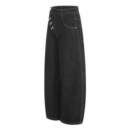 Asymmetric Metal Buckle Wide-Leg Black Jeans