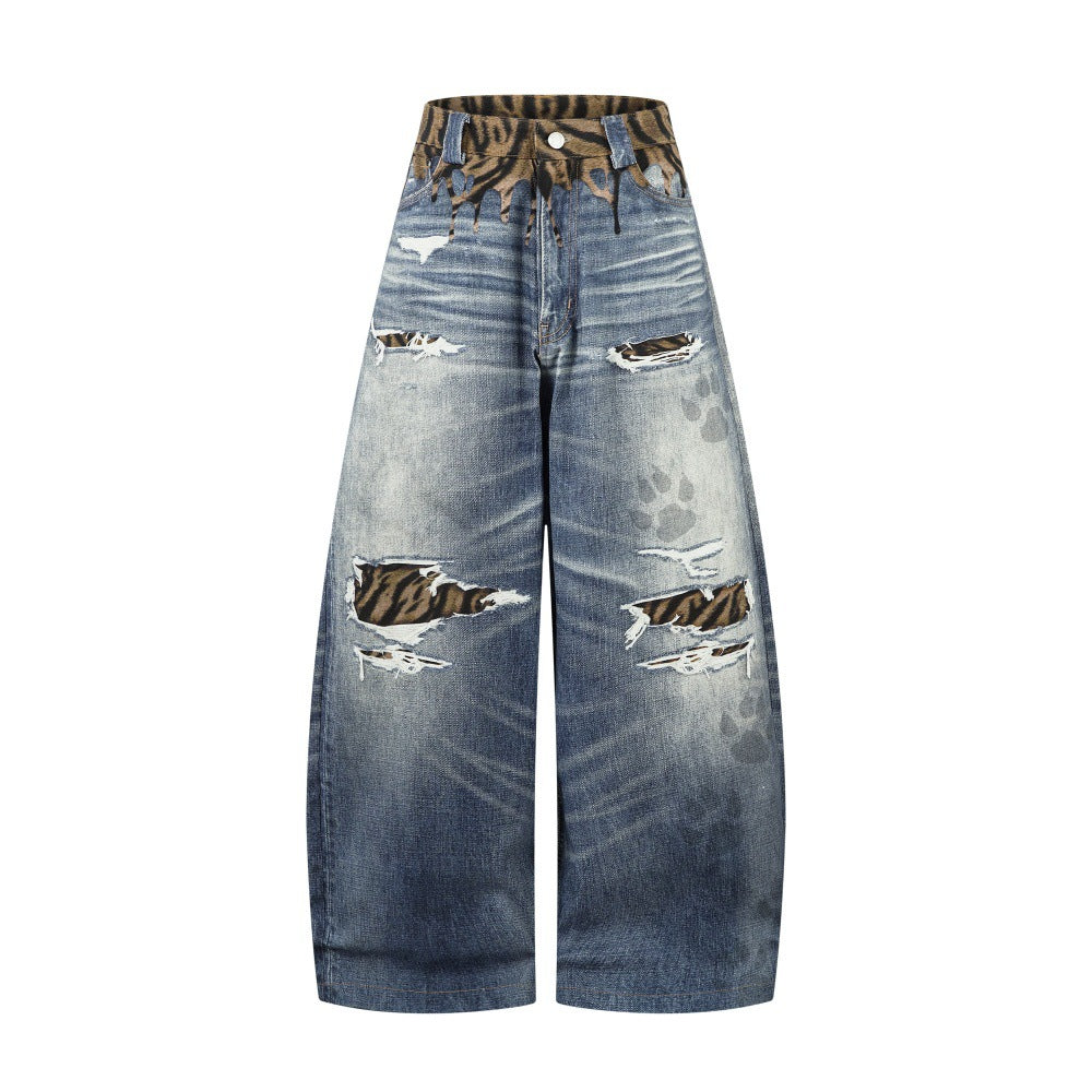 Distressed Tiger-Patch Wide-Leg Denim Jeans