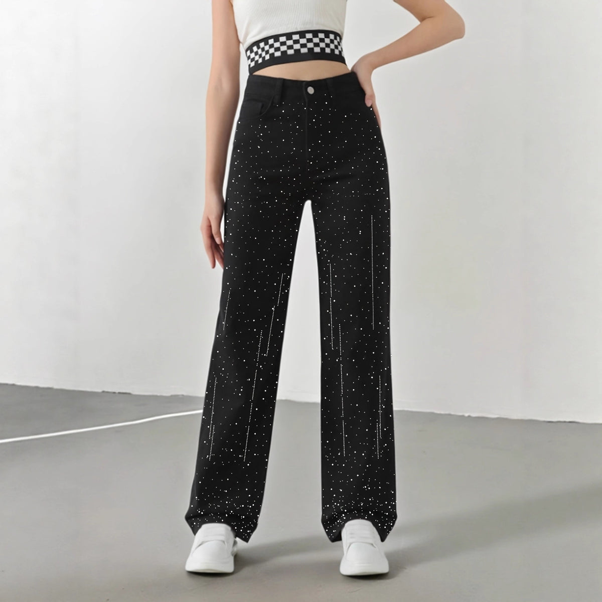 Sparkling Rhinestone High-Waist Wide-Leg Jeans