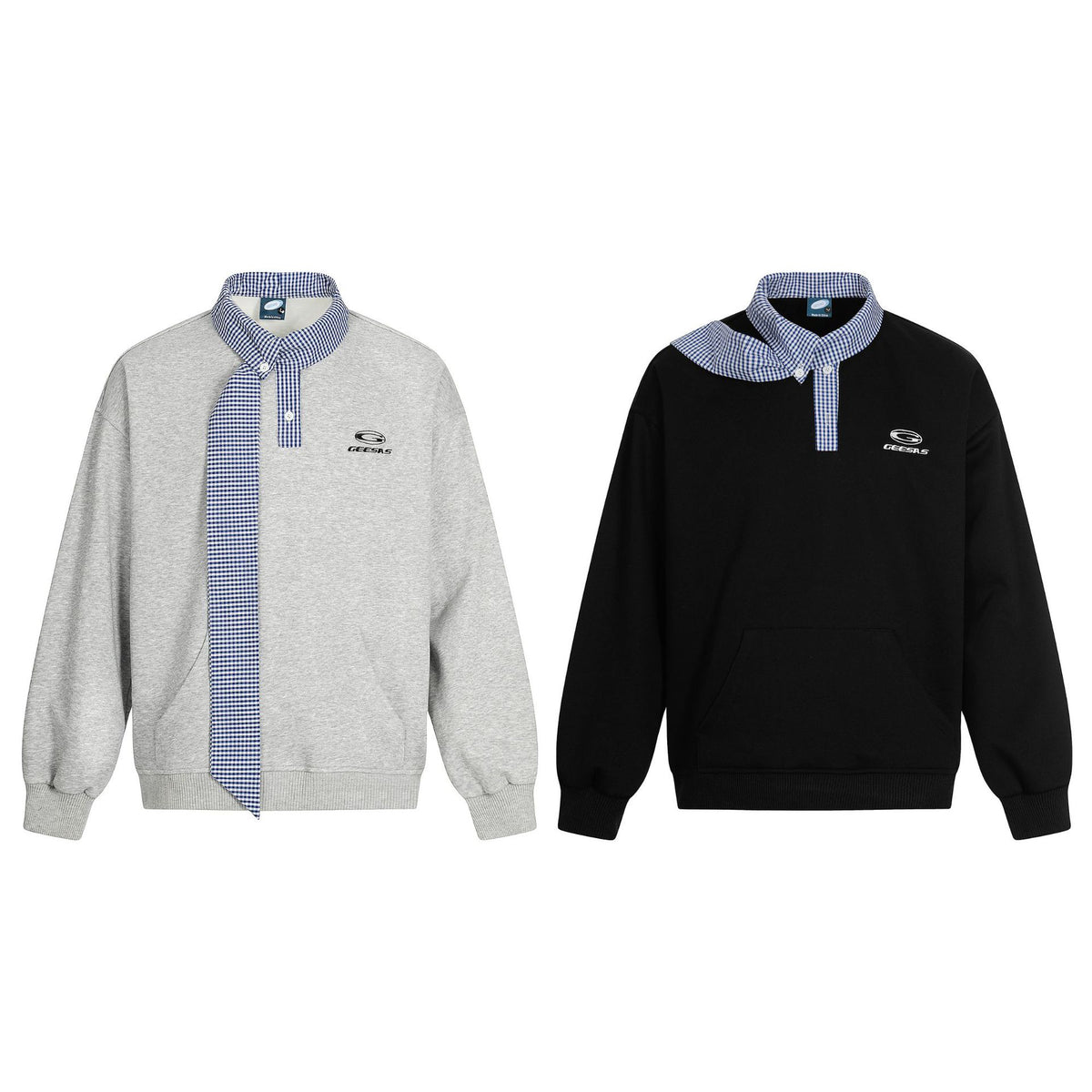 Gingham Collared Tie-Detail Layered Sweatshirt