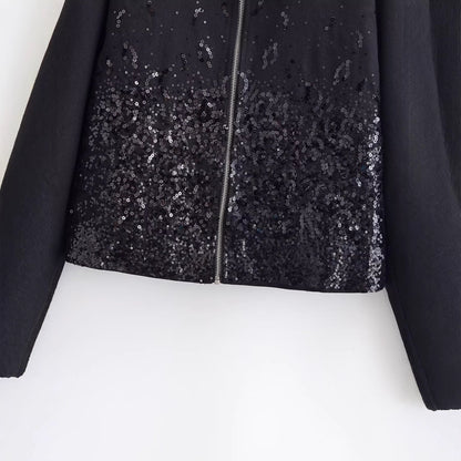 Black Sequin Gradient Zip-Up Crop Jacket