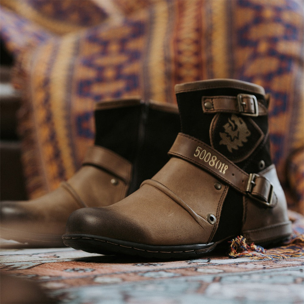 Men's Vintage Western Buckle Leather Ankle Boots
