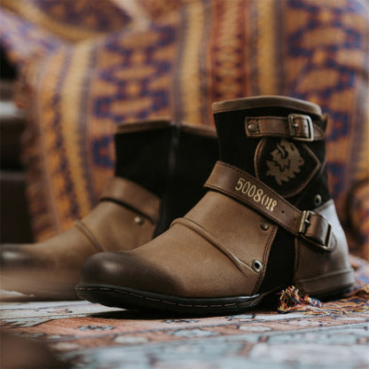 Men's Vintage Western Buckle Leather Ankle Boots