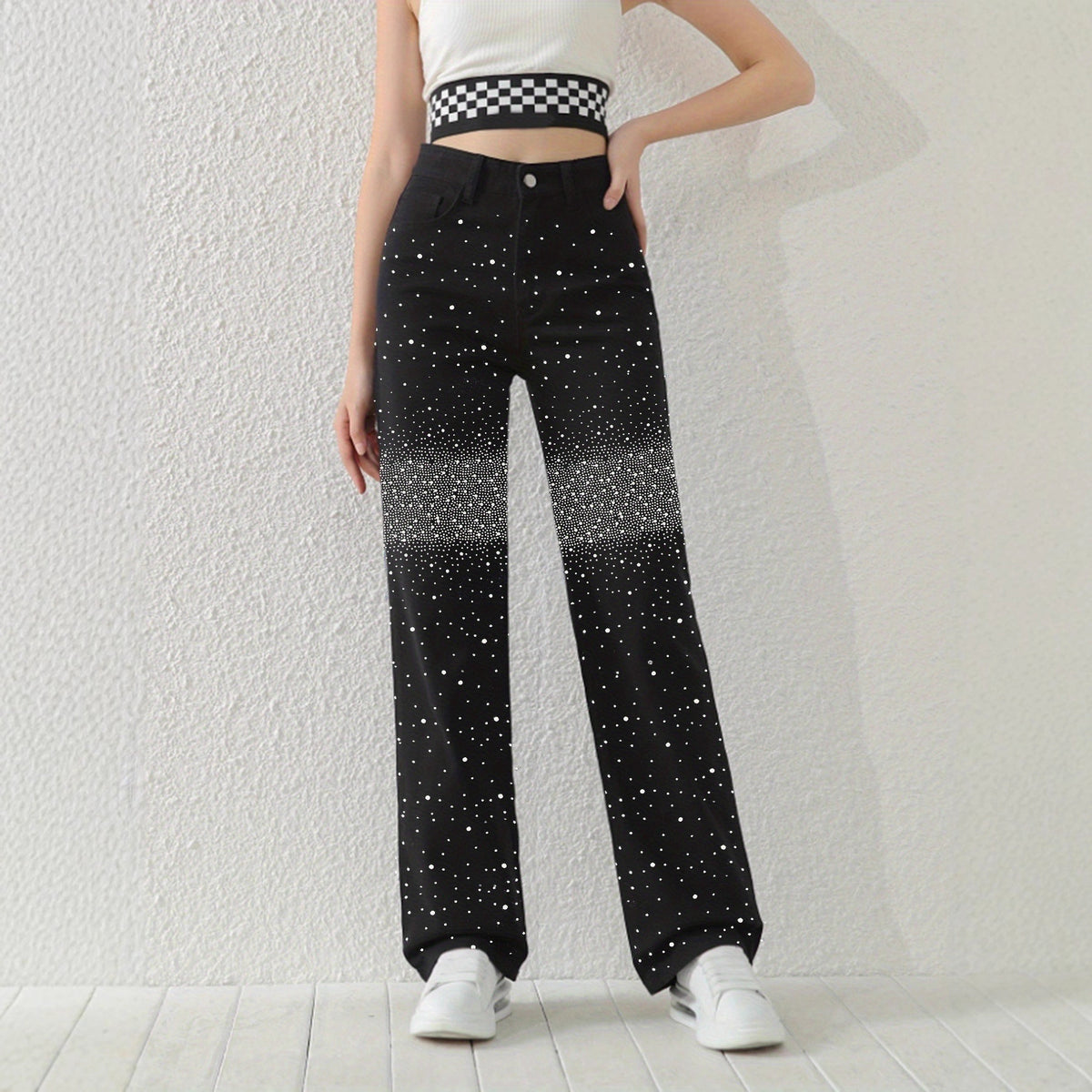 Sparkling Rhinestone High-Waist Wide-Leg Jeans