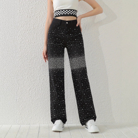 Sparkling Rhinestone High-Waist Wide-Leg Jeans