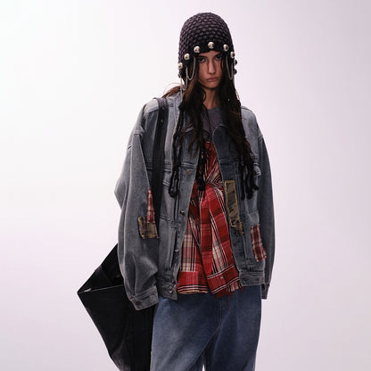 Rust Blue Plaid Patchwork Washed Denim Jacket