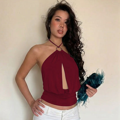Ring Detail Cut-Out Halter Crop Top