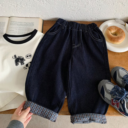 Vintage Loose-Fit Kids Denim Jeans with Plaid Turn-Up Cuffs