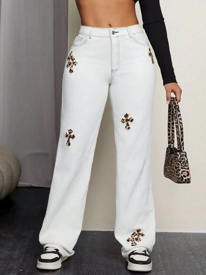 Leopard Patchwork Cross Straight-Leg Jeans