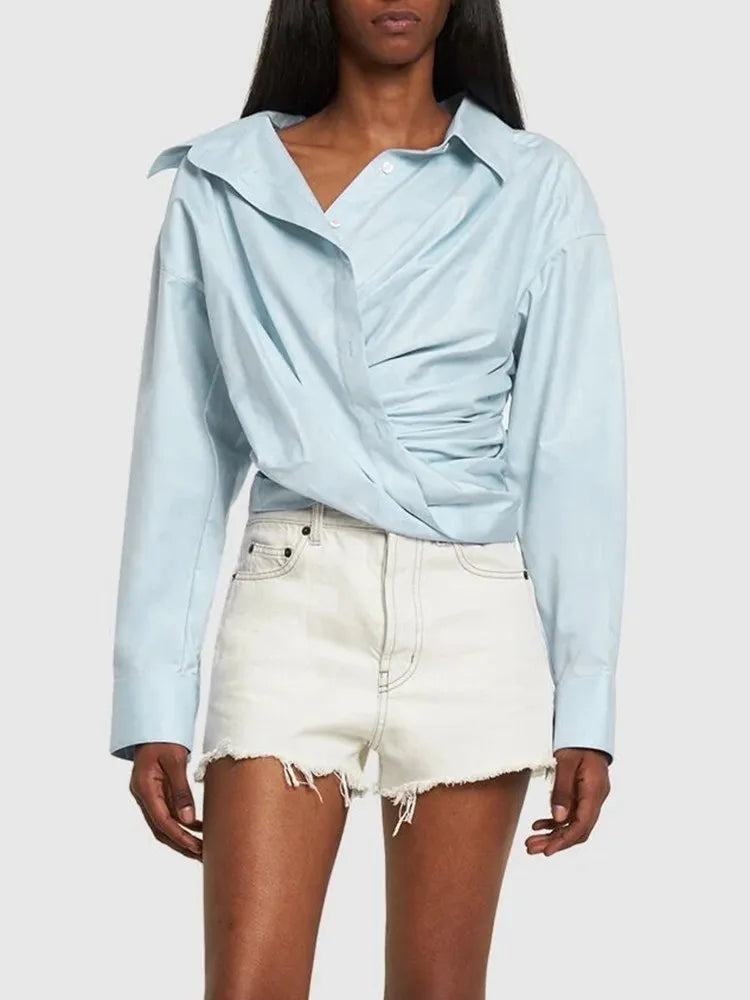 Asymmetric Off-the-Shoulder Draped Poplin Blouse