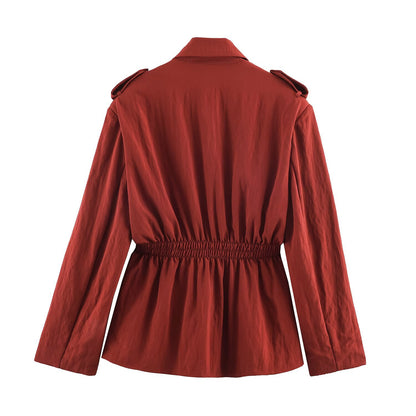 Rust Terracotta Cinched-Waist Utility Jacket & Wide-Leg Pants Set