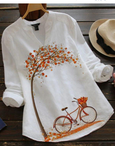 Autumn Bicycle & Tree Linen V-Neck Shirt