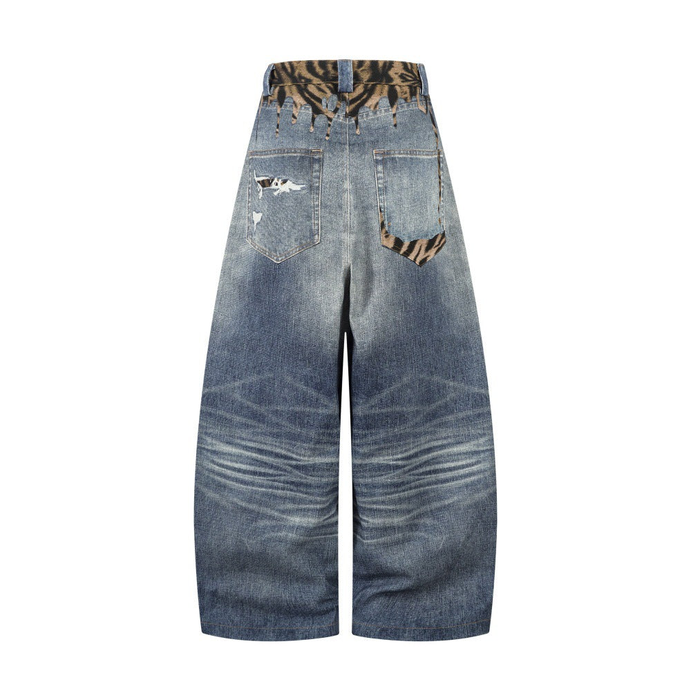 Distressed Tiger-Patch Wide-Leg Denim Jeans