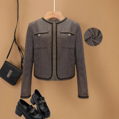 Vintage Brown Tweed Cropped Collarless Jacket
