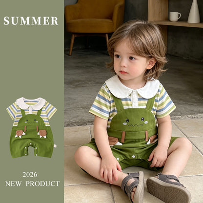 Cute Cartoon Dinosaur Striped Baby Romper Onesie