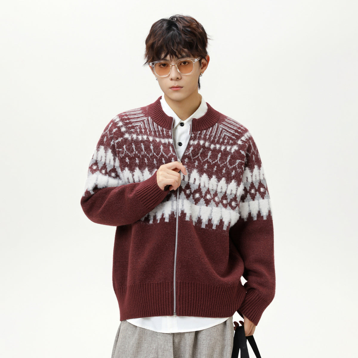 Vintage Fair Isle Full-Zip Knit Cardigan Jacket