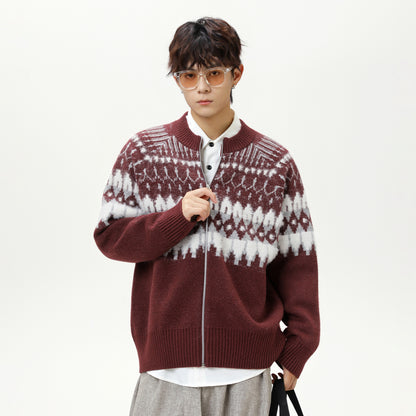 Vintage Fair Isle Full-Zip Knit Cardigan Jacket