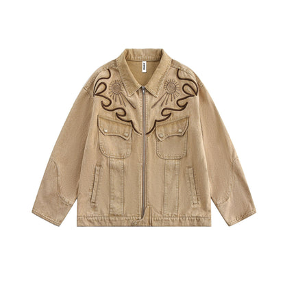 Khaki Celestial Sun Embroidered Denim Jacket