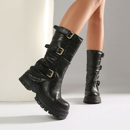 Triple Buckle Slouchy Platform Biker Boots