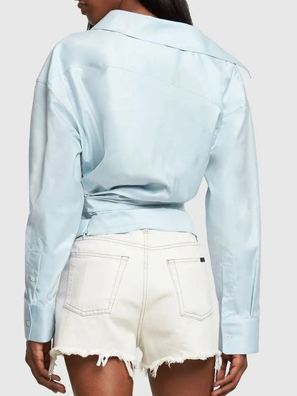 Asymmetric Off-the-Shoulder Draped Poplin Blouse