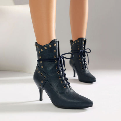 Studded Pointed-Toe Lace-Up Heeled Ankle Boots
