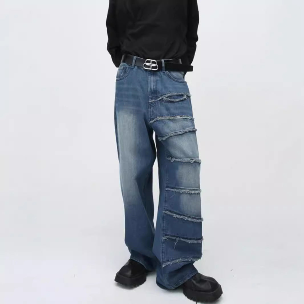 Vintage American Retro Raw-Hem Patchwork Wide-Leg Jeans