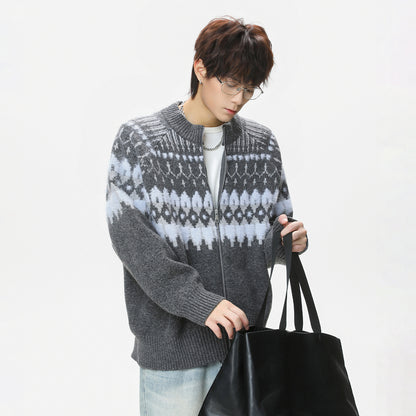Vintage Fair Isle Full-Zip Knit Cardigan Jacket