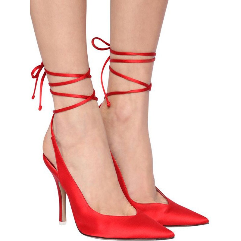 Silk Pointed-Toe Ankle Lace-Up Stiletto Sandals