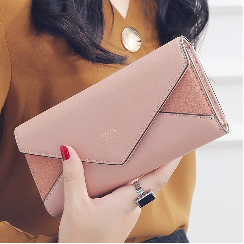 Geometric Envelope Flap Leather Long Clutch Wallet