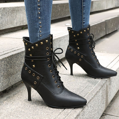 Studded Pointed-Toe Lace-Up Heeled Ankle Boots