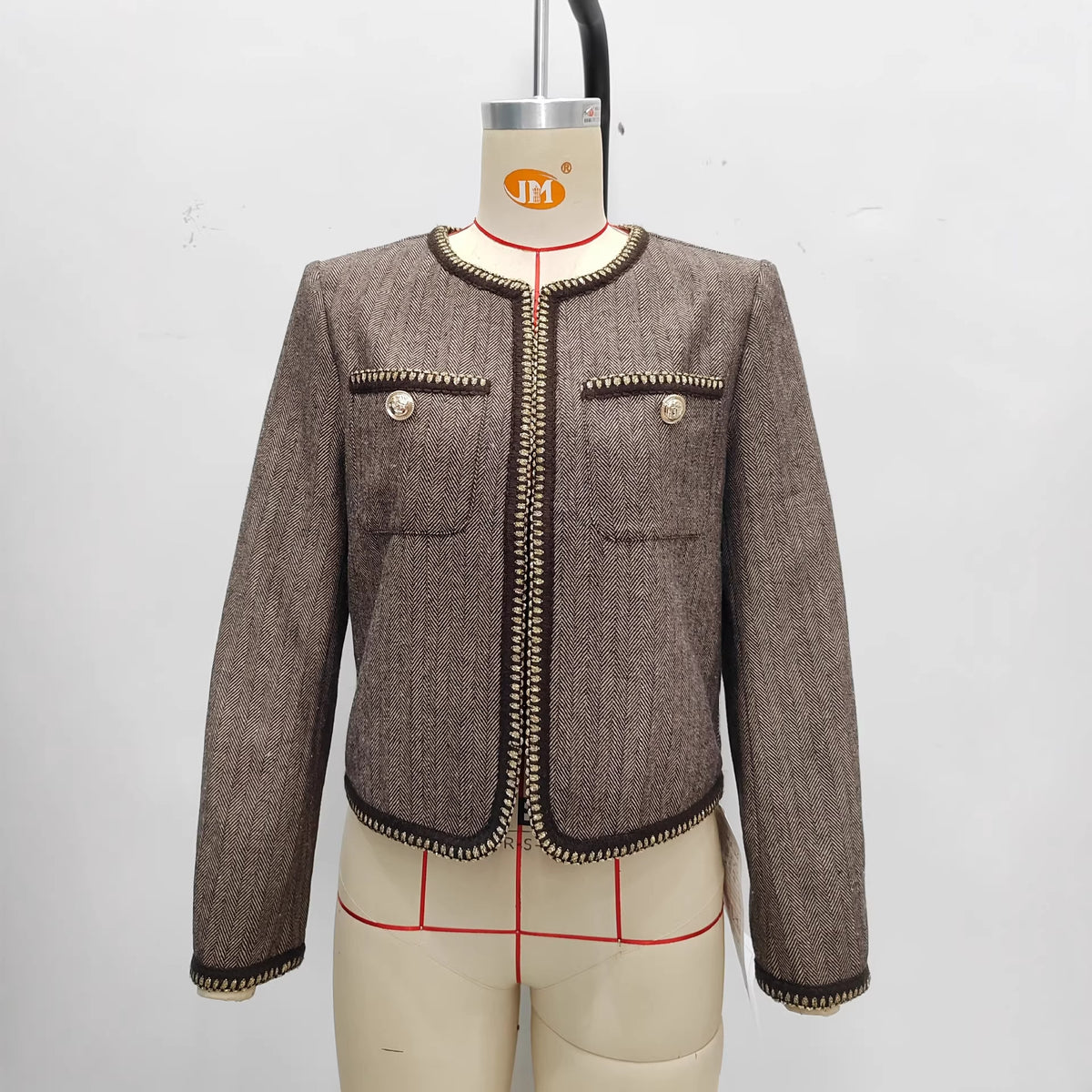 Vintage Brown Tweed Cropped Collarless Jacket