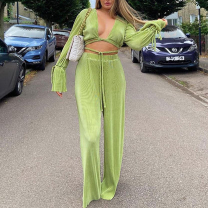 Pleated Tie-Wrap Crop Top & High-Waist Wide-Leg Pants Set