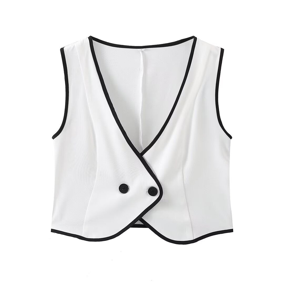 Monochrome Contrast Piping Vest & Wide-Leg Trouser Set