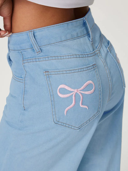 Coquette Embroidered Bow Wide-Leg Jeans