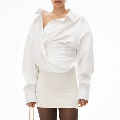 Asymmetric Off-the-Shoulder Draped Poplin Blouse
